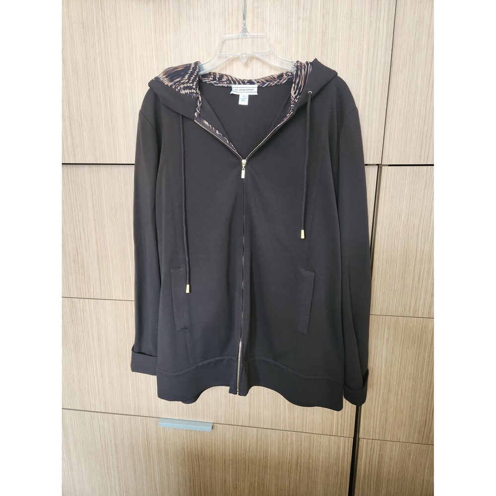 St. John Sport Chocolate Brown Hooded Full-Zip Jacket Patterned Hood Size L